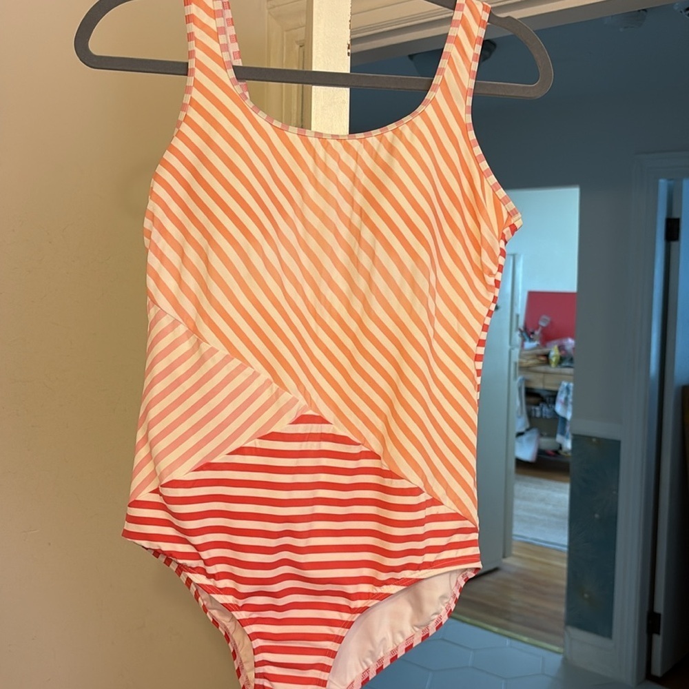 Lands' End Pink and White Striped Bathing Suit.  Size 12P - Picture 2 of 6